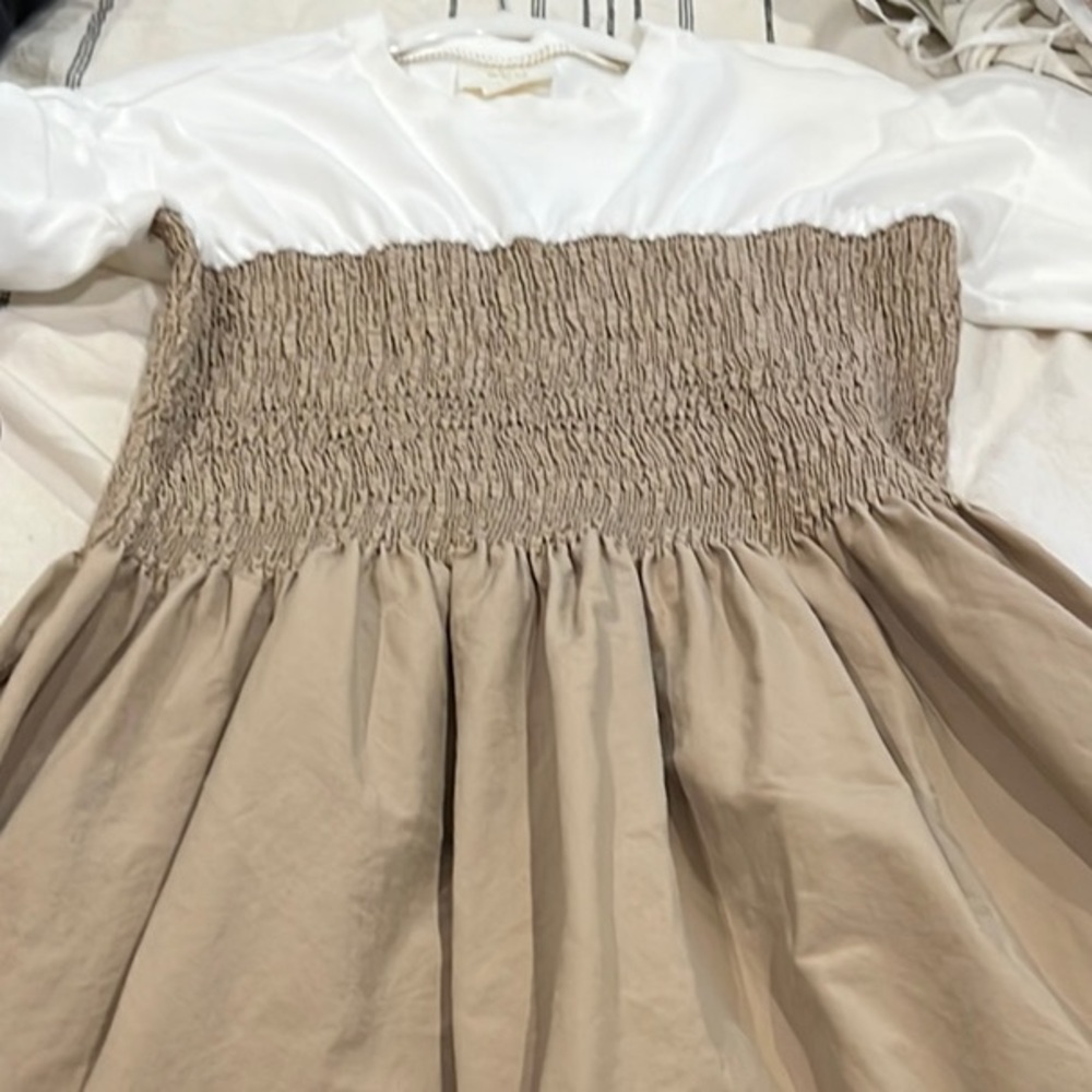Maeve White and Tan Smocked Midi Dress